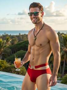 Manfinity Swimmode Men's Beach Vacation Metal Decoration Triangle Swimtrunks Briefs, Men's Bikini Swimsuit, Red Swim Trunks For Men, Men Sexy Swimwear, Men's Swimwear - Red - View 6