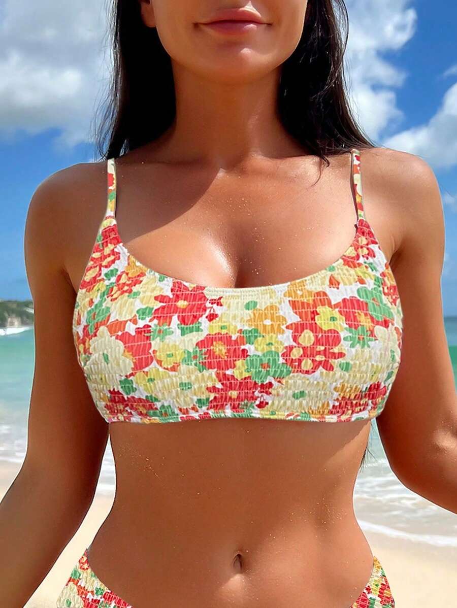SHEIN Swim Vacation & Beach Floral Full Print Camisole Bikini Top, Random Print For Summer - Multicolor - View 1