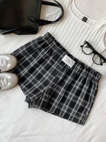 Comfortcana Women's Casual Plaid Elastic Waist Shorts, Summer - Black and White - View 6
