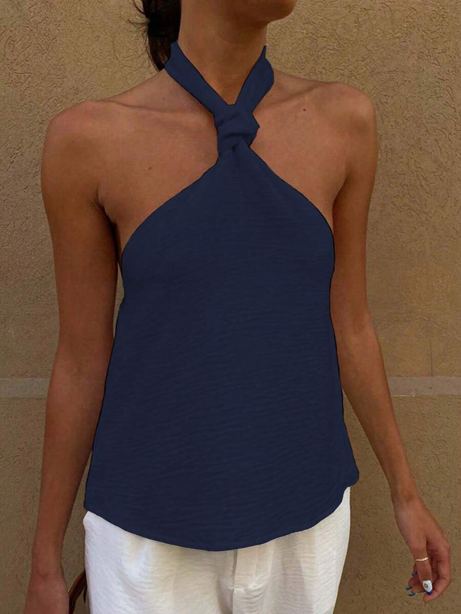 INAWLY Women's Solid Color Twist Design Casual Fashion Halter Tank Top - Navy Blue - View 1