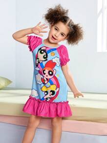 THE POWERPUFF GIRLS X SHEIN 年轻女孩甜美休闲花朵、泡泡、毛茛印花撞色荷叶边下摆睡袍，适合春夏季