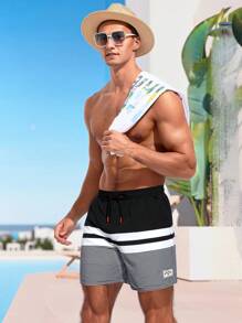 Surfspeed Men Loose Striped Beach Shorts In Vacation Style Milk Silk Lining,Hawaiian - Black - View 4