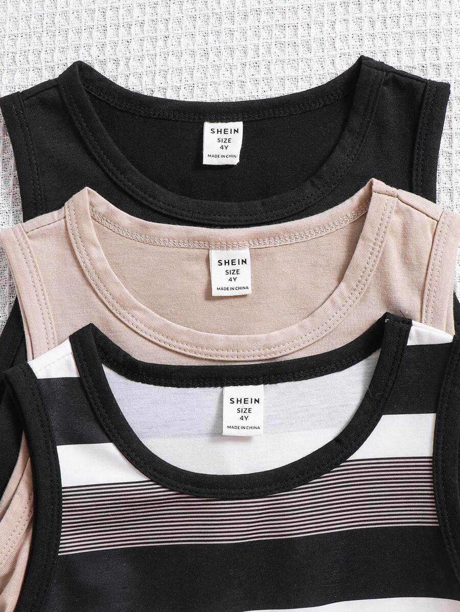 Conjunto de 3 peças Regatas Casuais, Confortáveis, da Moda e Versáteis, Respiráveis, com Listras e Cores Sólidas, para Meninos, para Primavera e Verão