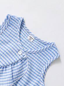 SHEIN 2pcs/Set Young Girls Textured Crinkle Plaid Sleeveless Top With Ruffle Trim Asymmetrical Hem And Wide Leg Pants, Casual Resort Vacation Outfit - Blue - View 4