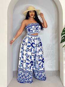 Slaydiva Conjunto de top de tirantes con volantes y pantalón de pierna ancha con cintura tipo paperbag para mujer de talla grande