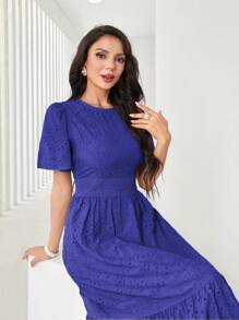 Mulvari Vestido largo de mujer de color lila sólido con bordado calado, elegante para verano - azul real - Ver 3