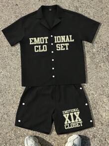 Manfinity Roghcode Men's Casual Simple Stylish Shirt Set, For Everyday Wear - Black - View 3