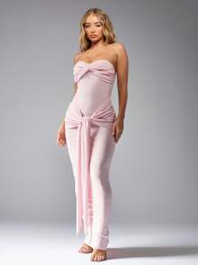 MISSGUIDED 提花扭纹胸围系带腰部抹胸长连衣裙