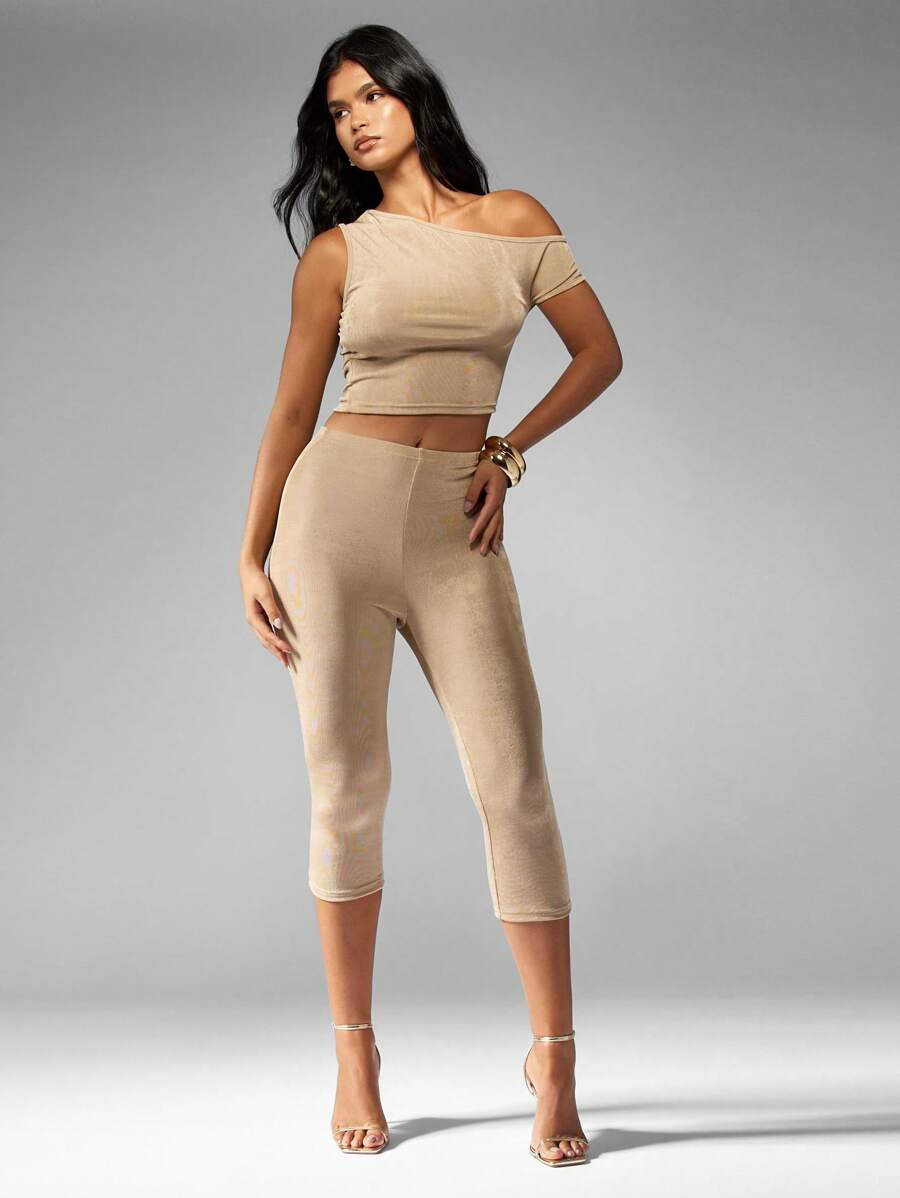 MISSGUIDED Elegant One-Shoulder Capri Length Loungewear Set Textured Bodysuit With Fitted Leggings Evening Party Two-Piece Outfit Club Dance Performance Ensemble - Khaki - View 1