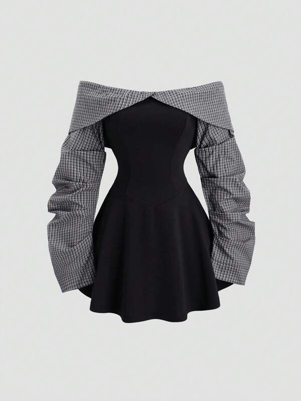 Sweetra Rochie mini pentru femei, toamnă/iarnă, în stil colegial, minimalist Bardot, cu talie înfășurată, în culori contrastante, măgulitoare