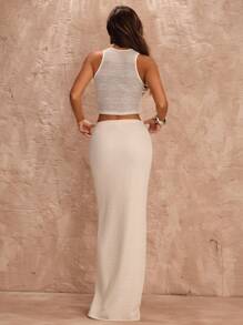 SHEIN BAE 2 件套女士杏色钩针透视背心和低腰长裙套装，度假装，钩针网眼套装，春夏 - 杏色 - 查看 2