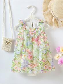 SHEIN Baby Girl Sleeveless Simple Fashion Floral Print Chiffon Bodysuit For Summer