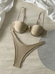 Swim Basics 纯色细肩带钢圈上衣和比基尼下装女式夏季泳装套装 - 卡其色 - 查看 1
