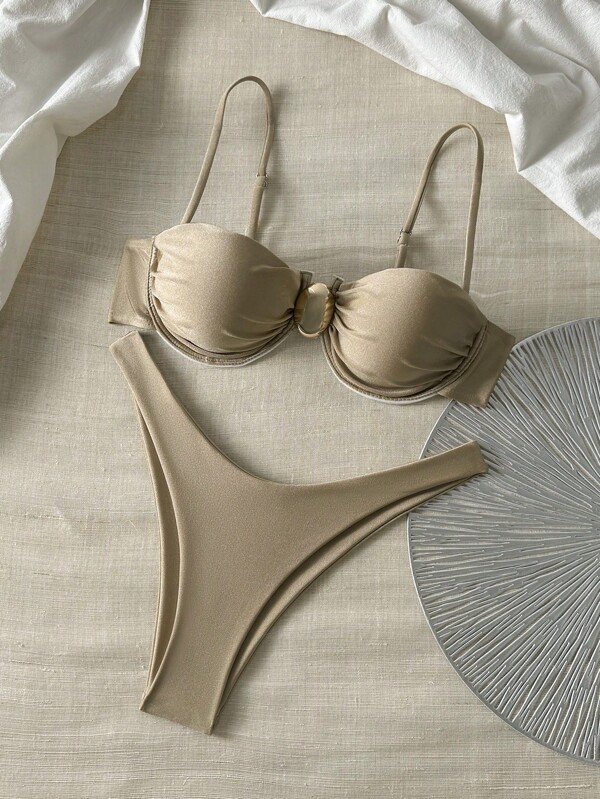 Swim Basics Solid Color Spaghetti Strap Underwire Top And Bikini Bottom Women Summer Swimwear Set