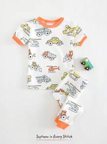 Cozy Pixies Baby Boy 2pcs Snug Fit Pajama Set - Cartoon Car Print Soft Knit Crew Neck Long Sleeve Pullover Top And Elastic Waist Tight Leg Long Pants
