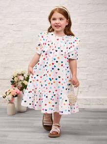 SHEIN 年轻女孩心形图案泡泡袖荷叶边腰休闲迷你连衣裙 - 白色 - 查看 3