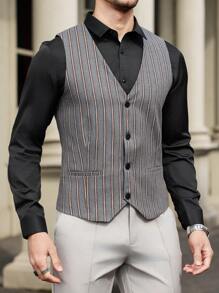 Manfinity Mode Áo vest sọc thường ngày cho nam, thiết kế thời trang đơn giản, áo sơ mi trang trọng mùa hè cho nam thời trang cho nam áo sơ mi nam váy nam váy nam - Xám - Xem 4