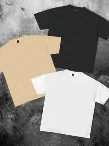 SHEIN Leap Crew 3 Packs Teen Boys Classic Casual Text Graphic Print Round Neck Short Sleeve T-Shirts, White, Black, Khaki, Suitable For Summer - Multicolor - View 5