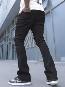 Manfinity EMRG Men's White Washed Denim Loose Gothic Letter Printed Flared Pants, Street Style