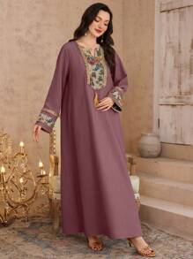 Al Najma Women's Spring/Summer 3D Floral Pattern Tunic Dress & Traditional Long Dress, Modest Kaftan - Red Violet - View 5