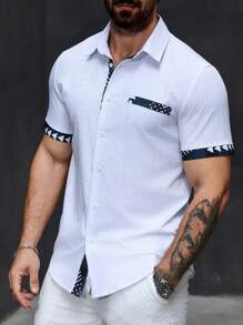 Manfinity Homme Men's Solid Color Patchwork Button Front Short Sleeve Casual Pocket Top