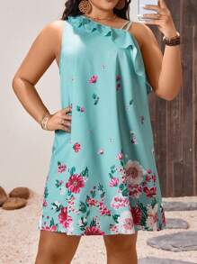 Breezaya Vestito corto da donna con linea A, con una spalla asimmetrica e fantasie floreali, orlo con volant, elegante e snellente, adatto per outfit estivi, San Patrizio, festival, vacanze di primavera, stile boho