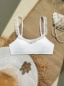 SHEIN 女士可调节肩带纯白色蕾丝花边可爱优雅泳装 - 白色 - 查看 3