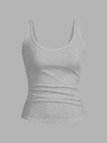 SHEIN PETITE Casual All-Match White Cami Top With Deep U-Neck And Racerback