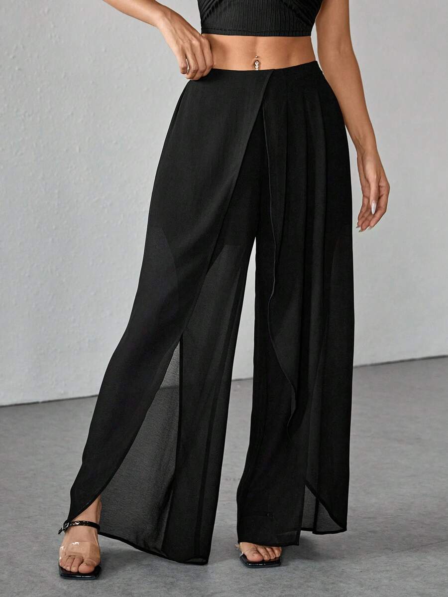 SHEIN PETITE 女士纯色雪纺宽腿宽松阔腿裤