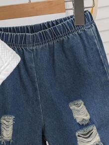 SHEIN Genkimix Kids 2pcs Young Boy Soft Knit Wavy Crew Neck Short Sleeve Tee & Ripped Denim Shorts Set, Suitable For Outdoor & Street Wear - Multicolor - View 7