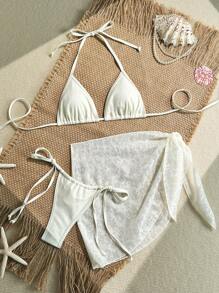 SHEIN Swim 3-częściowy damski seksowny jednolity zestaw bikini i spódnica Hater, letni strój plażowy