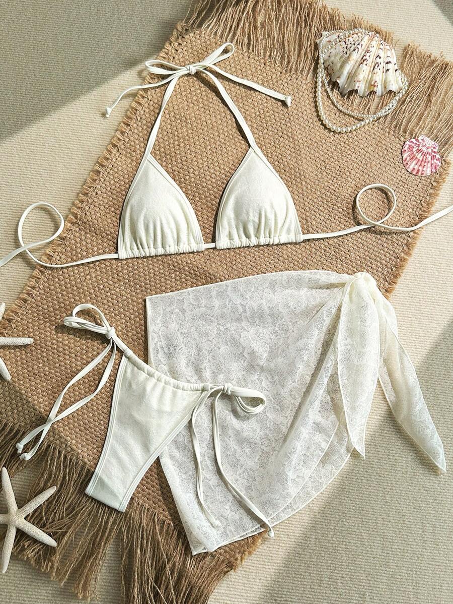 SHEIN Swim 3-częściowy damski seksowny jednolity zestaw bikini i spódnica Hater, letni strój plażowy