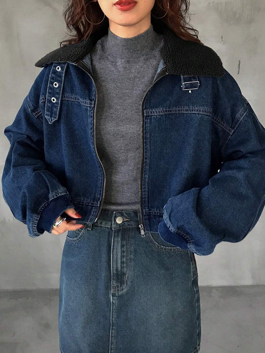 FRIFUL 女式蓝色宽松下摆短款牛仔夹克，配毛领 - 藍色 - 查看 1