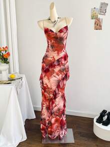 Soleia Women's Holiday Vintage Floral Print Ruffled Neck Layered Flounced Hem Sleeveless Long Dress,Dress For Women,Vacation Dress Women,Red Dress For Women,Birthday Dress For Women,Summer Dress For Women,Mardi Gras,Western Wear Woman,Mesh Dress,90s Clothes,Music Festival Outfit Women,Easter Dress Women,Graduation Dress,Vacation Outfits Women