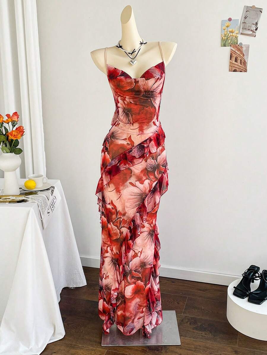 Soleia Women's Holiday Vintage Floral Print Ruffled Neck Layered Flounced Hem Sleeveless Long Dress,Dress For Women,Vacation Dress Women,Red Dress For Women,Birthday Dress For Women,Summer Dress For Women,Mardi Gras,Western Wear Woman,Mesh Dress,90s Clothes,Music Festival Outfit Women,Easter Dress Women,Graduation Dress,Vacation Outfits Women