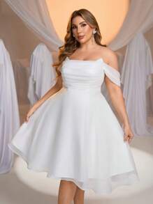 Glamrae Plus Size Elegant Romantic White Off Shoulder Draped Organza A-Line Wedding Guest/Party Dress, Little White Dress, Bride - White - View 6