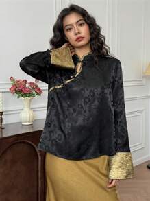 EastFlair Women Floral Jacquard Button-Up Long Sleeve Blouse - Black and Gold - View 3