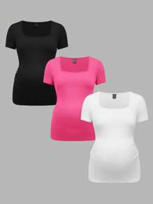 Modmama 3pcs/Set Maternity Casual Solid V-Neck Short Sleeve T-Shirts, Black/White/Gray, Fitted, Suitable For Summer - Hot Pink - View 13