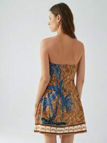 Aveloria Modichic Elegant Vacation Coconut Tree Print Bustier Faux Wrap Style Cinched Waist Women Short Dress
