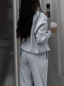 INAWLY Plus Size Women's Solid Color Drop Shoulder Long Sleeve Half-Zip Loose Sweatshirt Pullover Fall - Grey - View 2