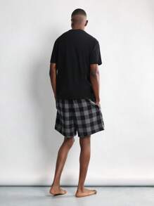 SUMWON Cozy Buffalo Check Loungewear Matching Set Henley Short Sleeve Top Drawstring Shorts Pajama Set For Home Indoor Relaxation Winter Fall - Black - View 2