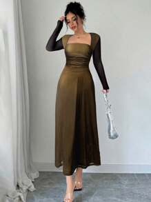 Firerie Sukienka damska z długim rękawem i falbaną w talii, w kolorze czerwonym i czarnym, z kwadratowym dekoltem, odpowiednia na wiosnę, lato, jesień, na co dzień, dojazdy do pracy, wakacje, przyjęcie herbaciane, wesele