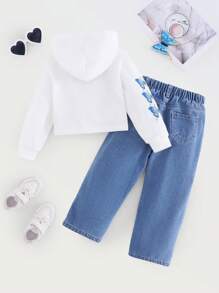 Denimly 年轻女孩休闲日常都市街头风格蓝色蝴蝶印花连帽衫和蝴蝶印花直腿牛仔裤水洗浅蓝色松紧腰围 2 件套 - 白色 - 查看 2