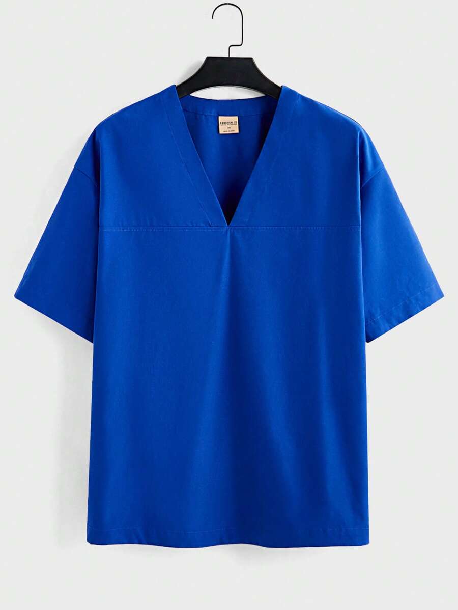 Forever 21 Men's Blue Loose Deep V-Neck Short-Sleeved Shirt - Blue - View 1