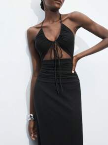 Maija Black Hollow-Out Sleeveless Maxi Dress For Women, Sexy Solid Color Backless Halter Dress, Suitable For St. Patrick's Day, Spring Break, Easter