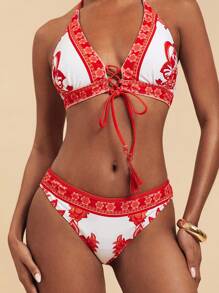 Travachic 女士夏季海滩花卉印花吊带系带性感比基尼泳装套装，聚拢比基尼，图案沙滩装女士，波西米亚风，夏季海滩度假 - 紅色 - 查看 1