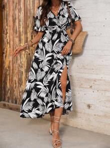 SHEIN Clasi Women's Vacation Style Short Sleeve V-Neck Dress With Leaf Print Maxi Women Outfit - Multicolor - View 5