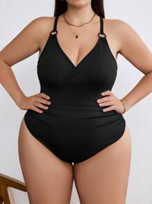 SHEIN Tall CURVE Plus Size Women Solid Color Ruched Criss-Cross Backless One-Piece Bodysuit - Black - View 6