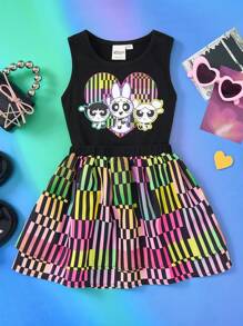 THE POWERPUFF GIRLS X SHEIN Young Girl 2pcs/Set Cartoon Cool Heart, Blossom, Bubbles, Buttercup Print Tank Top And Mini Skirt Set, Suitable For Spring& Summer,Concerts And Parties - Black - View 4