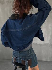 FRIFUL 女式蓝色宽松下摆短款牛仔夹克，配毛领 - 藍色 - 查看 3